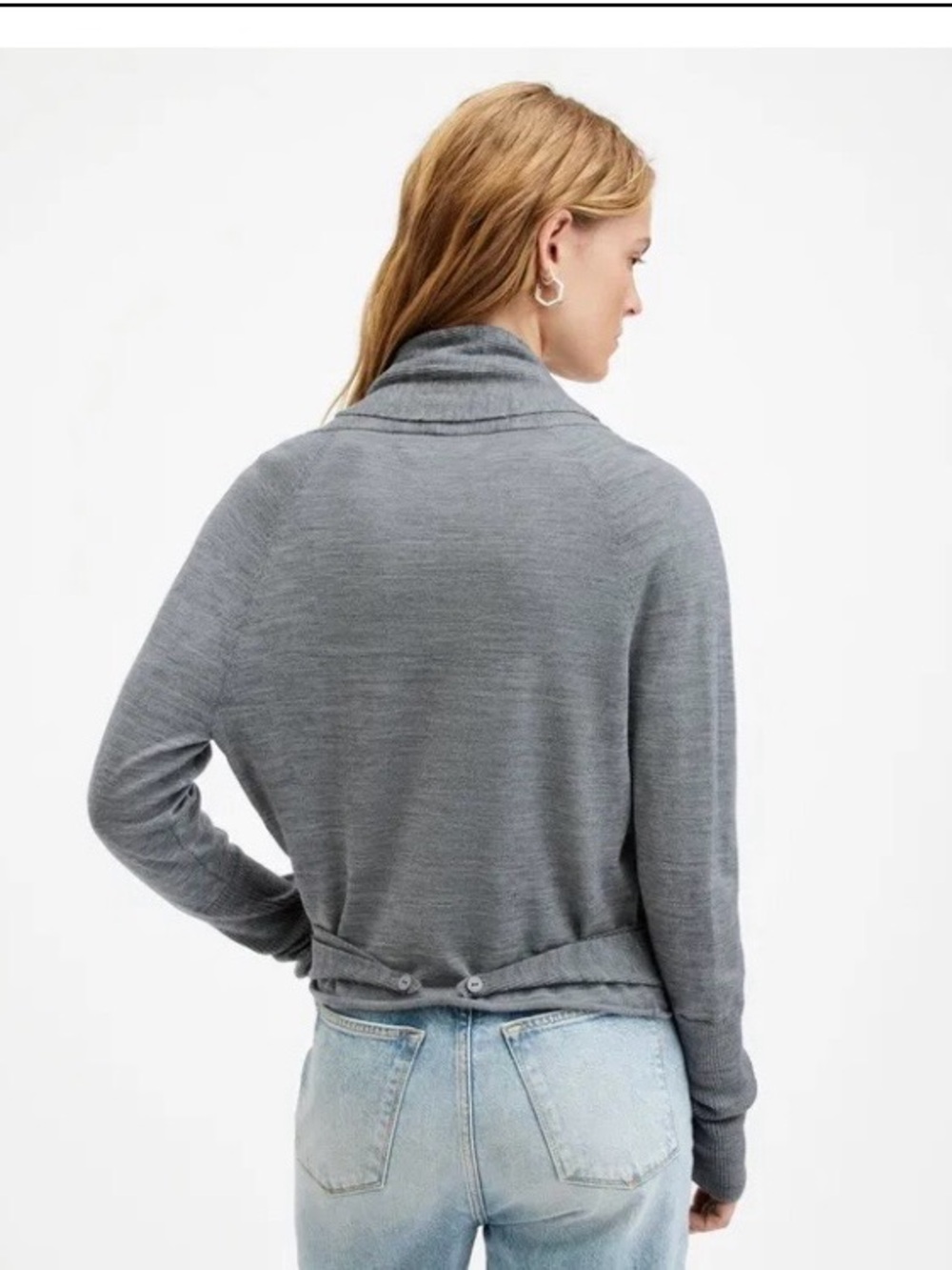 AllSaints Wasson Pirate Wrap Merino Wool Grey Open-Front Draped Cardigan - Picture 3 of 14